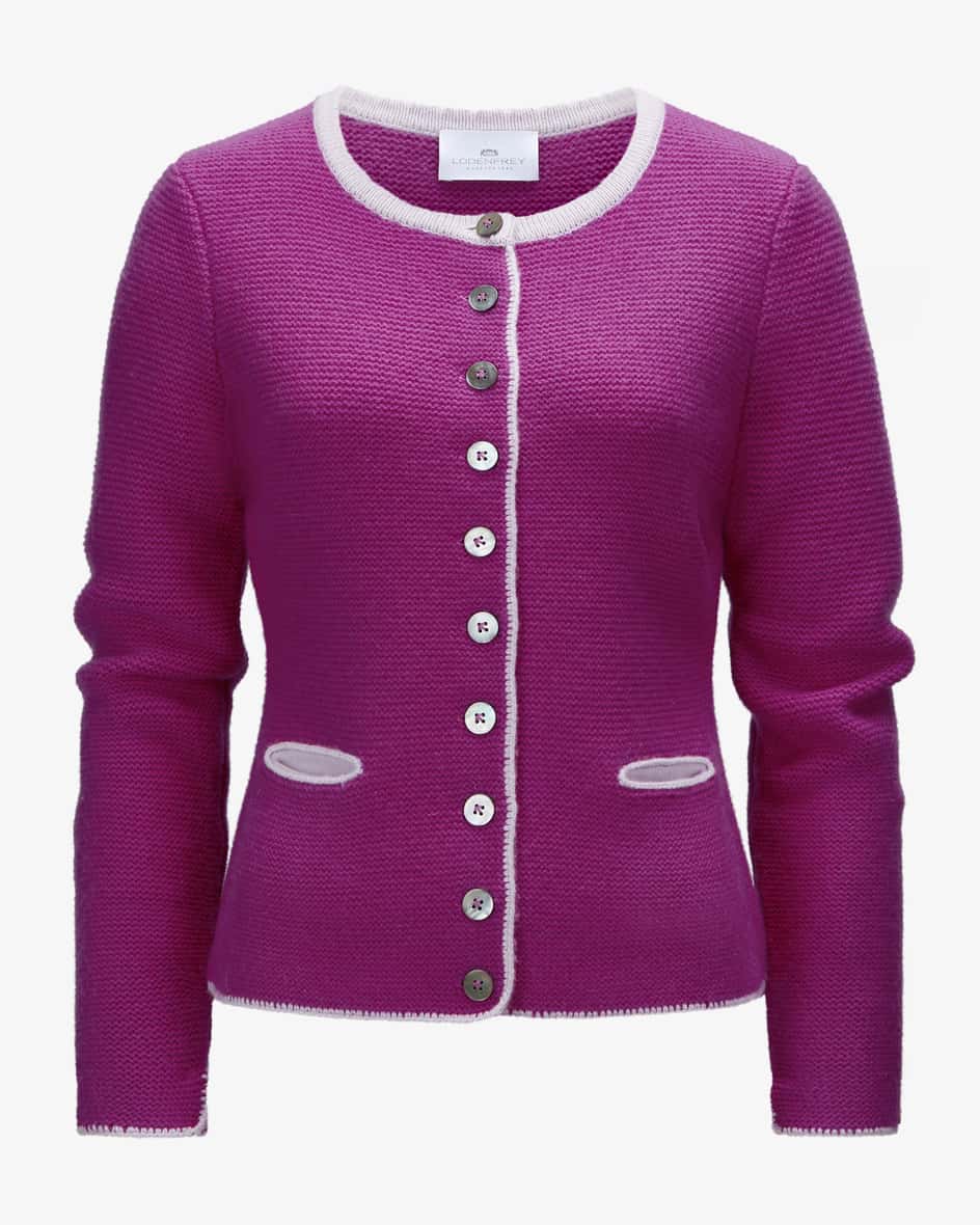 Trachten-Cashmere-Strickjacke für Damen von LODENFREY München 1842 in Fuchsiaund Flieder. Tradition und Moderne in perfektem Zusammenspiel - Die.... Mehr Details bei Lodenfrey.com!