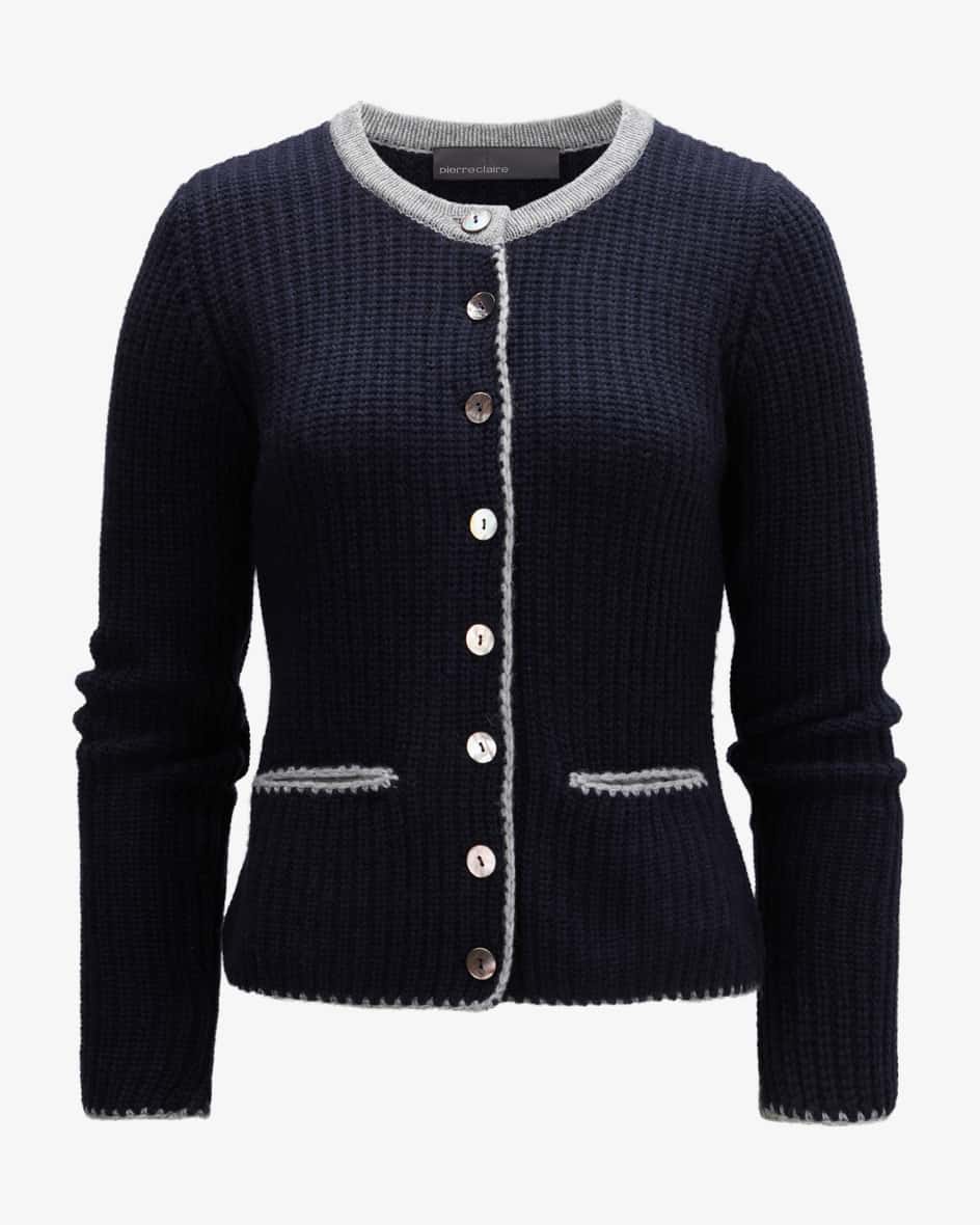 Trachten-Strickjacke für Damen von Pierre Claire in Navy und Grau. Derhochwertige Merinowoll-Cashmere-Mix verleiht dem taillierten Modell.... Mehr Details bei Lodenfrey.com!