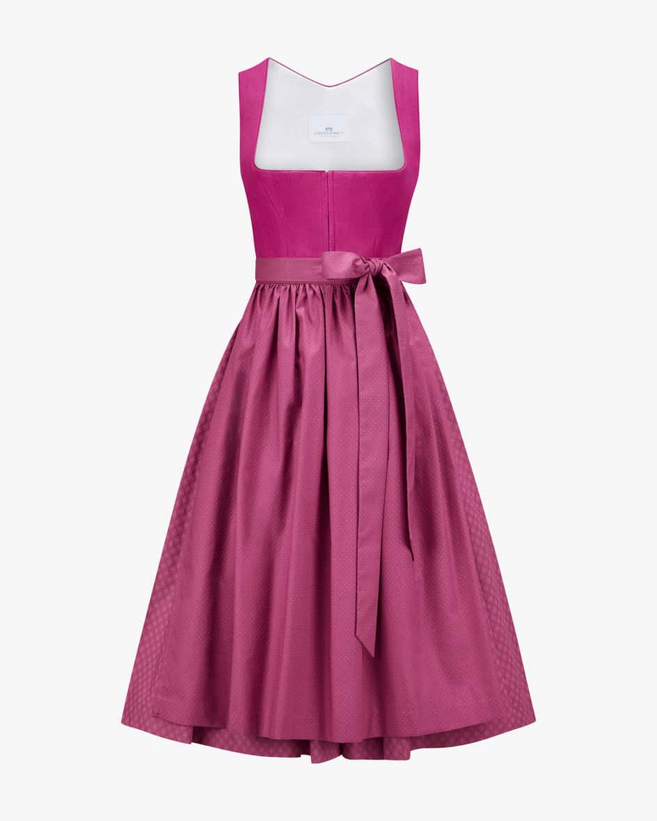 Midi-Dirndl mit Schürze für Damen von LODENFREY München 1842 in Fuchsia. DasModell besticht dank des Leinen-Mieders sowie der Paspelierungen.... Mehr Details bei Lodenfrey.com!