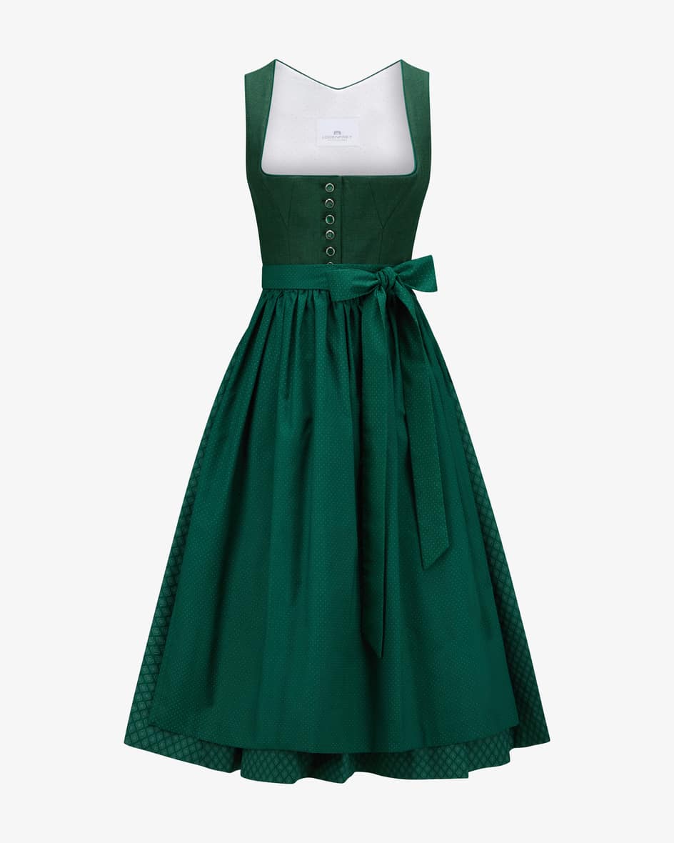 Midi-Dirndl mit Schürze für Damen von LODENFREY München 1842 in Dunkelgrün. DasModell besticht dank des Leinen-Mieders sowie der Paspelierungen.... Mehr Details bei Lodenfrey.com!