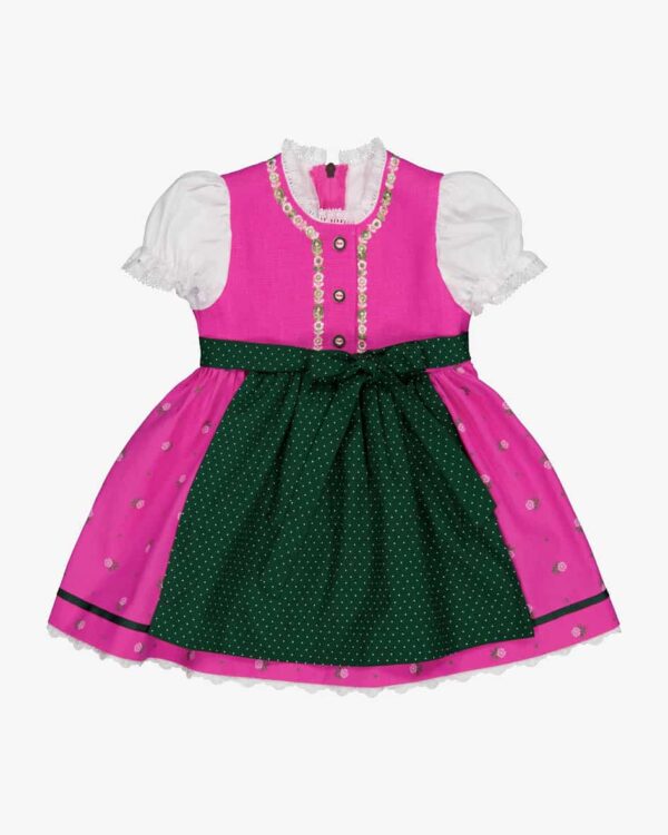 Lilli Dirndl mit Schürze und Bluse für Babys von Pacher in Pink und Dunkelgrün.Das Modell sorgt dank des Leinen-Mieders und der floralen Stickereien.... Mehr Details bei Lodenfrey.com!