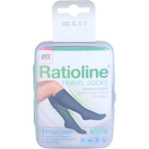 Produkteigenschaften:Ratioline Travel SocksReisestrümpfeDie Reisestrümpfe erreichen durch eine leichte Kompression eine Verbesserung der Blutgeschwindigkeit und beugen so dem Blutstau und einer Thrombose vor. Bei Langstreckenflügen zur Vorbeugung des so genannten "Economy Class Syndroms""