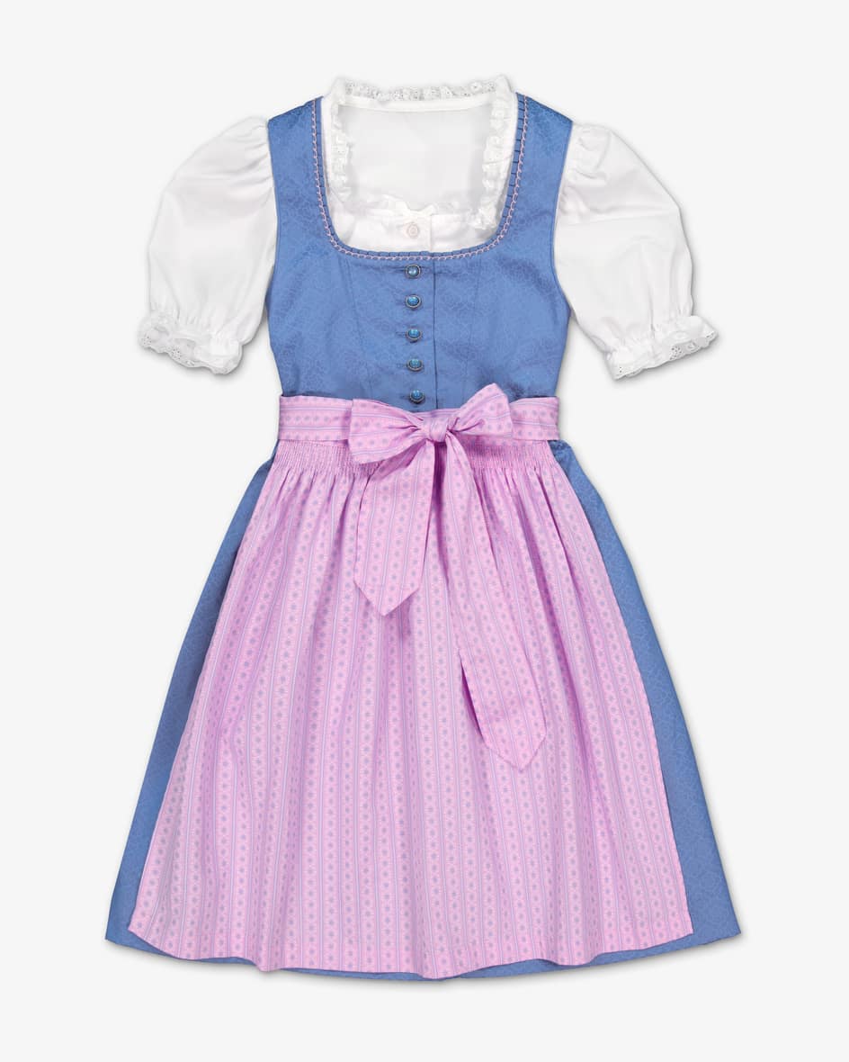 Ronja Dirndl mit Bluse und Schürze für Mädchen von LODENFREY in Blau und Rosa.Dank der klassischen Schnittführung und dem dezenten Allover-Muster ist.... Mehr Details bei Lodenfrey.com!