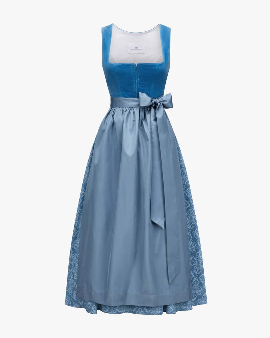 Wiesndirndl lang mit Schürze für Damen von LODENFREY in Taubenblau. JahrelangeErfahrung