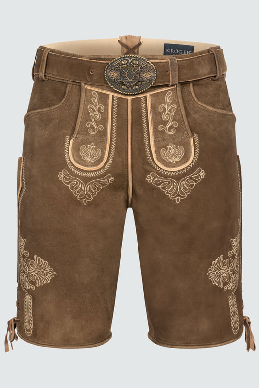 Die Lederhose Lean mit Gürtel kommt mit tollen Ornamentstickereien auf dem Hosenlatz und Hosenbein. Der praktische Gürtel mit stilvoller Schnalle ergänzt das Design perfekt. Robuste Knöpfe dienen als Verschluss und sorgen für Langlebigkeit