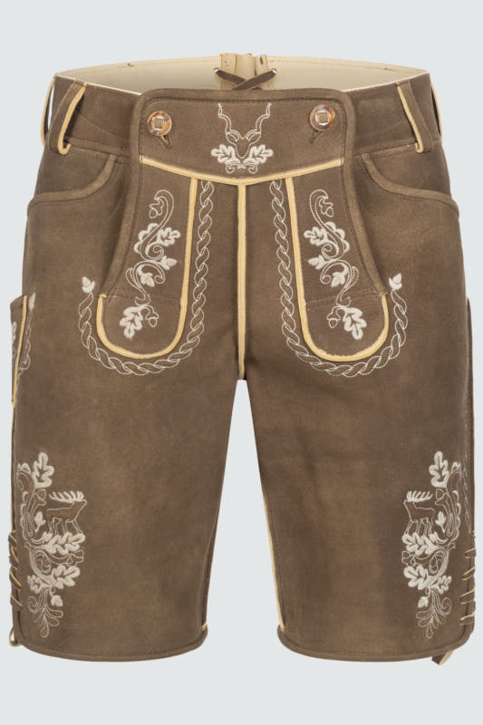 Die Lederhose Großwildjäger by Victoria Swarovski zeichnet sich durch ihre aufwendig gestalteten Stickereien auf den Hosenbeinen und dem Latz aus und verleihen dem Design eine einzigartige Note. Robuste Knöpfe sorgen für einen zuverlässigen Verschluss